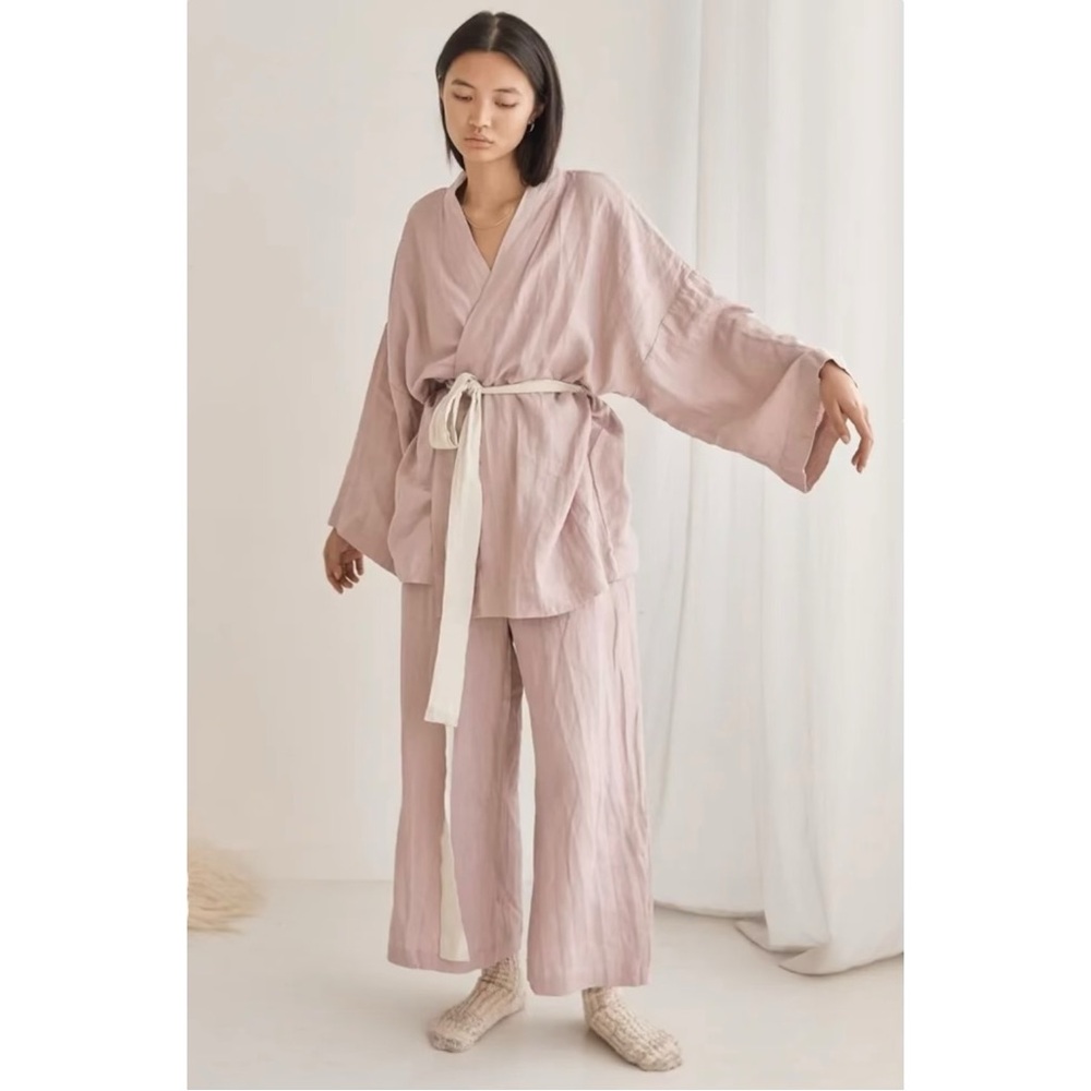Deiji Studios The 01 Loungewear Kimono Top - Lilac Purple Belted Linen Top - Picture 10 of 10